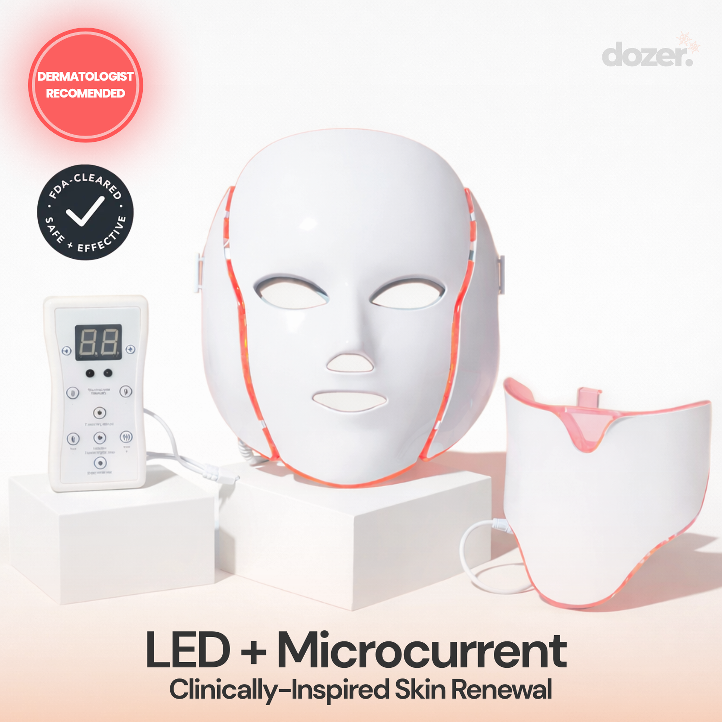 LED + Microcurrent skin renewal device with control panel on a light background