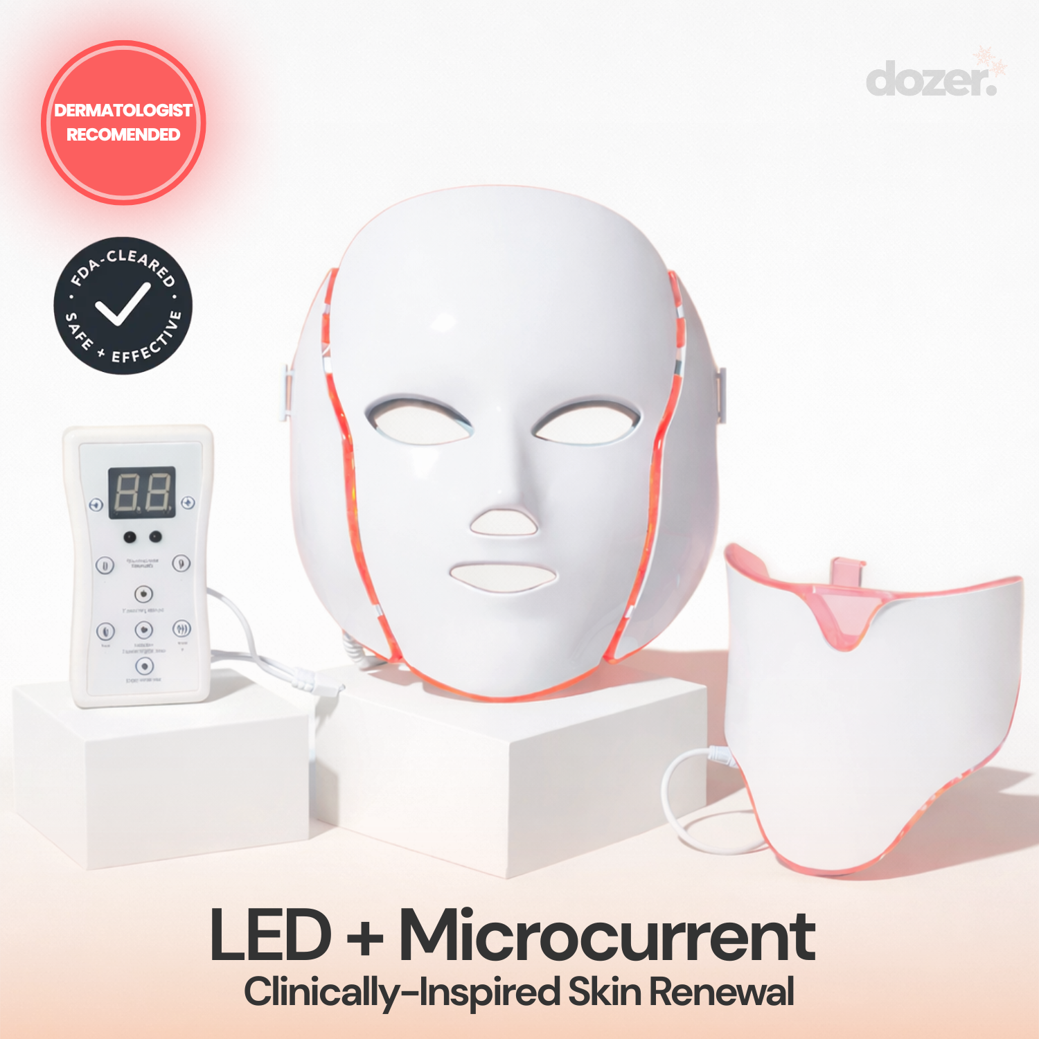 LED + Microcurrent skin renewal device with control panel on a light background