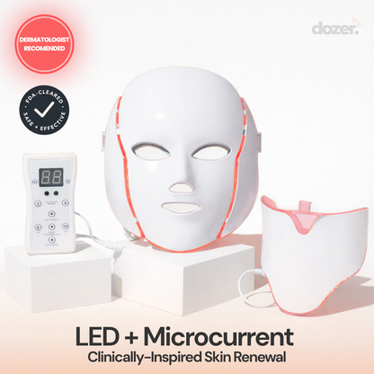 LED + Microcurrent skin renewal device with control panel on a light background